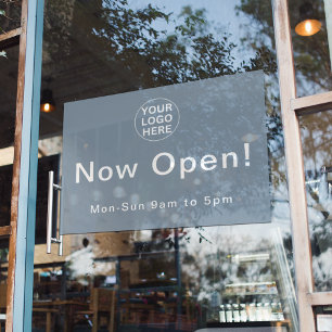 Now Open l Dusty Blue Business Logo Hours