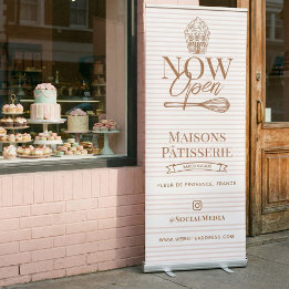 Now Open Pink Stripe Cupcake Whisk Bakery Business Retractable Banner