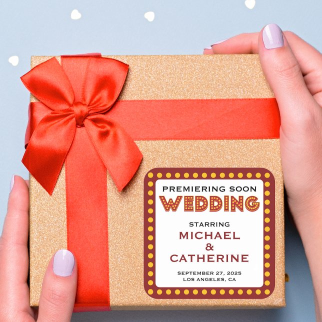 Now Showing Movie Marquee Sign Save The Date Square Sticker (Creator Uploaded)