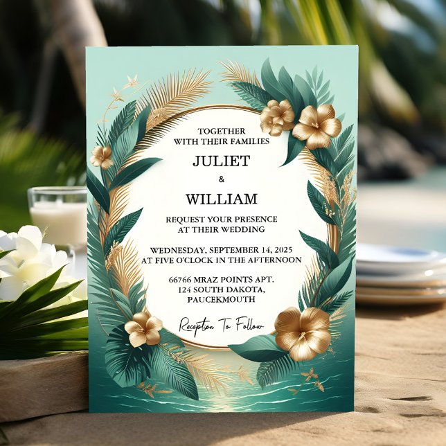 Now Wreath Palm Tree Beach Green And Gold Wedding Invitation (Creator Uploaded)