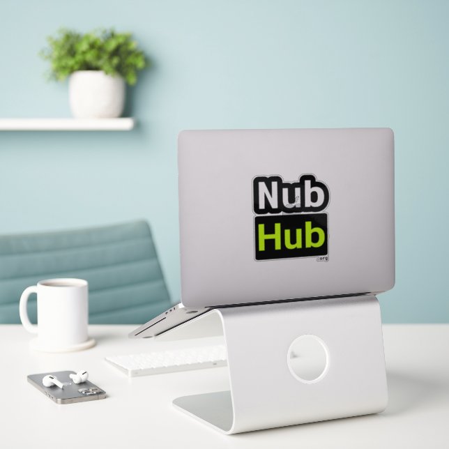 Nub Hub Logo Sticker With Black Trim (Laptop On Desk)
