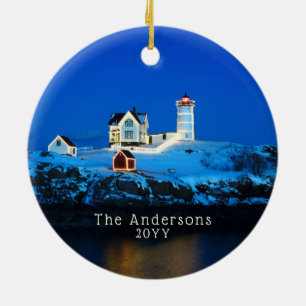 Nubble Holiday Lights Famly Lighthouse Ceramic Tree Decoration