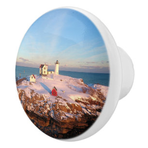 Nubble Light Aerial Snowy Maine Lighthouse Ceramic Knob