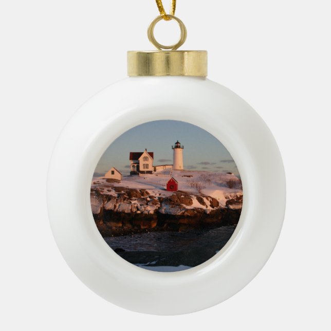 Nubble Light winter sunset Ceramic Ball Christmas Ornament (Front)