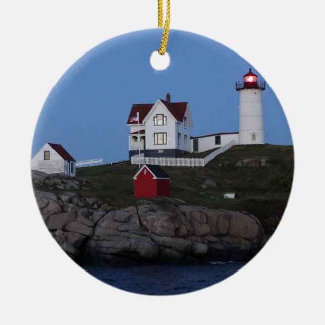 Nubble Lighthouse at Night Ceramic Tree Decoration (Front)