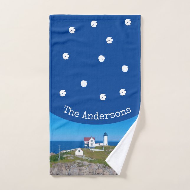 Nubble Lighthouse Blue White Coastal Holiday Hand Towel (Hand Towel)