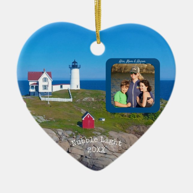 Nubble Lighthouse Family Photo Christmas Ceramic Tree Decoration (Front)