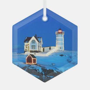 Nubble Lighthouse Glass Tree Decoration