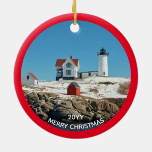 Nubble Red Year Atlantic Ocean Maine Lighthouse Ceramic Tree Decoration