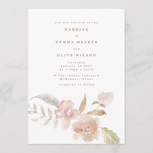 Nude Romantic Watercolor Florals Wedding Invitation (Front)