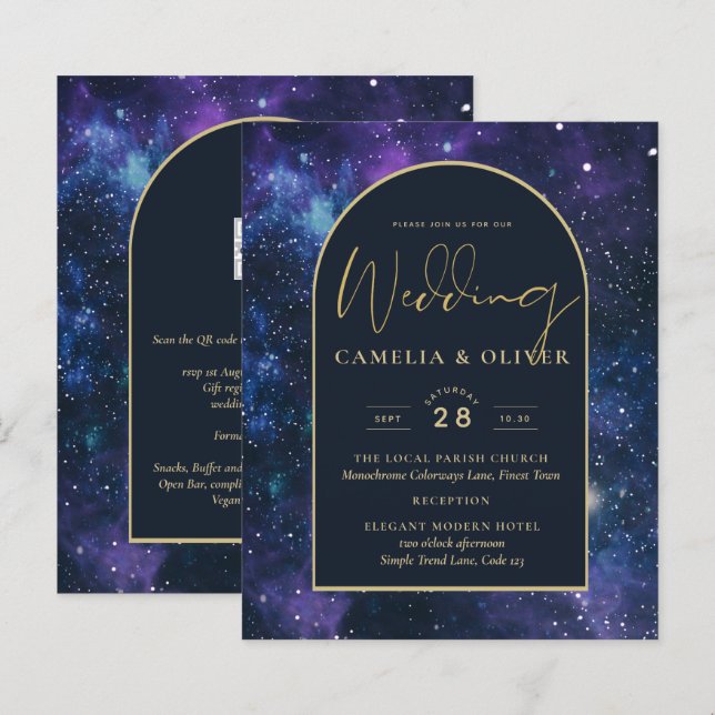 NUDGET Starry Night Purple Blue Wedding INVITE (Front/Back)