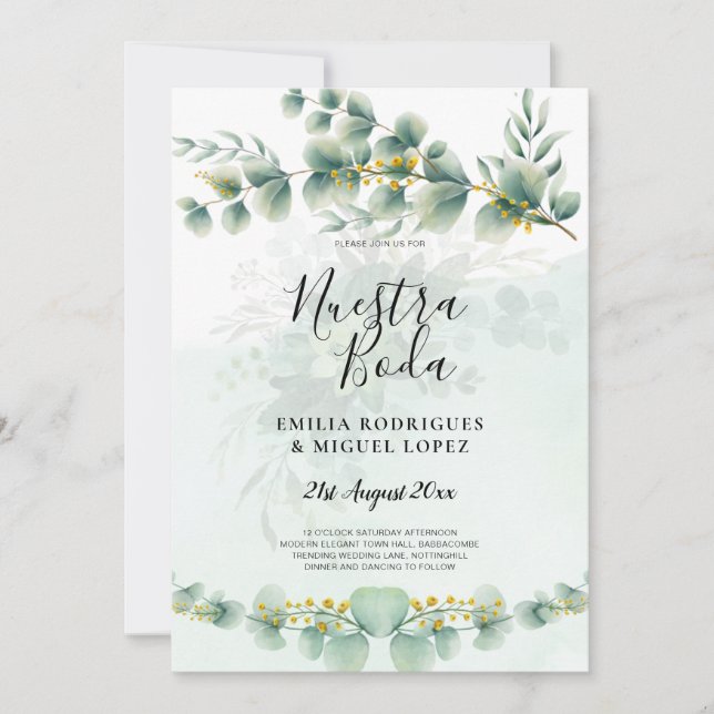 Nuesta Boda Greenery Gold Wedding Invitation  (Front)