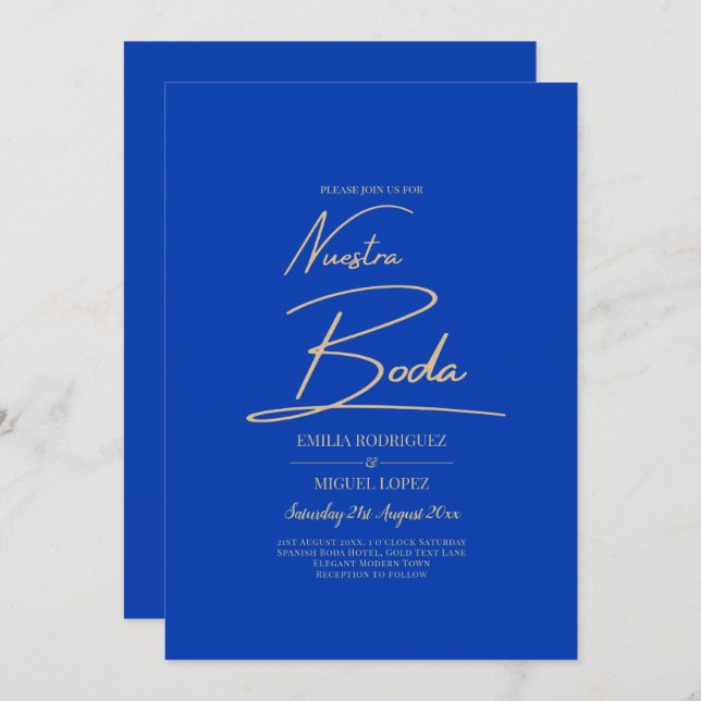 NUESTRA BODA Blue Monochrome Wedding NVITE Invitation (Front/Back)