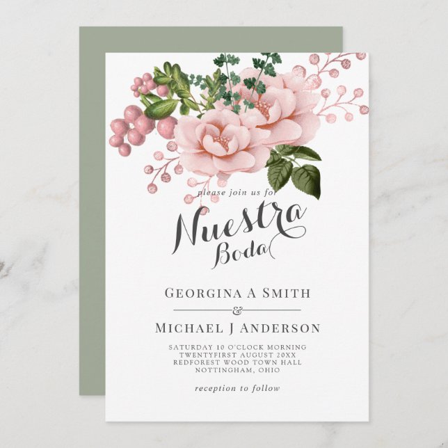 Nuestra Boda Blush Pink Roses Spanish Wedding Invitation (Front/Back)