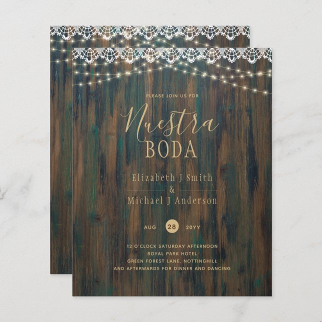 NUESTRA BODA BUDGET RUSTIC LIGHTS LACE INVITE (Front/Back)