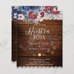 Nuestra Boda Burgundy Blue Floral Lace INVITE