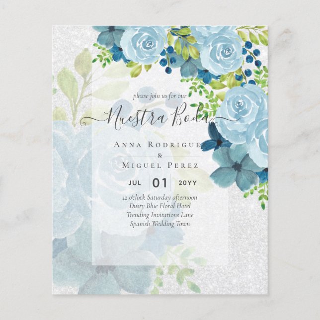 NUESTRA BODA Dusty Blue Floral BUDGET Flyer (Front)