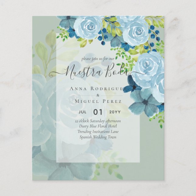NUESTRA BODA Dusty Blue Floral BUDGET Flyer (Front)