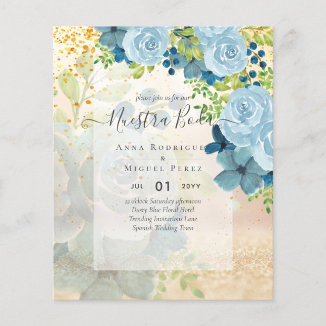 NUESTRA BODA Dusty Blue Floral BUDGET Flyer (Front)