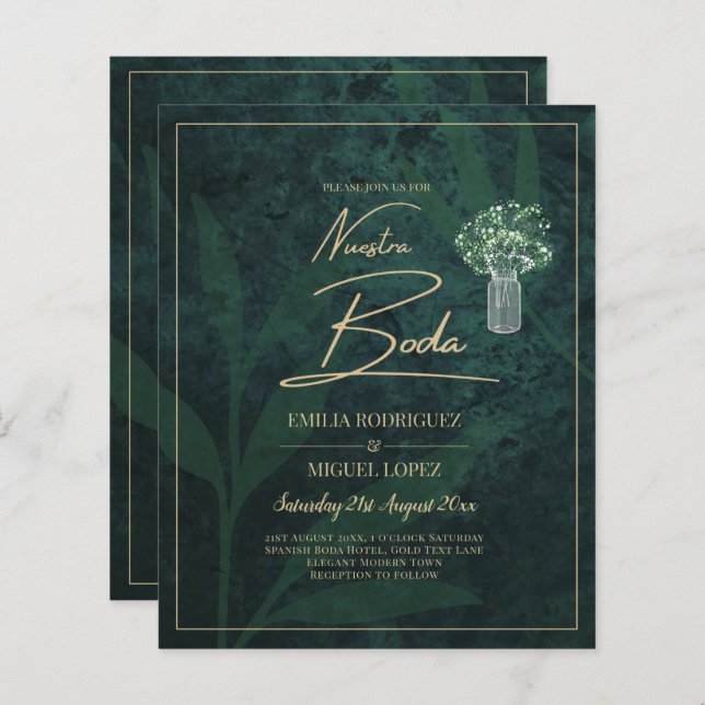 NUESTRA BODA Emerald Green Gold Gypsophila INVITE (Front/Back)