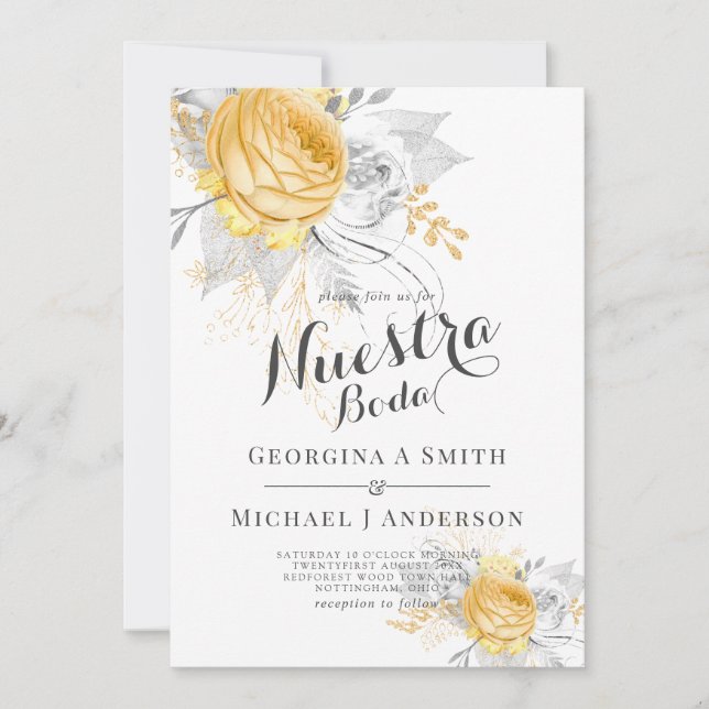 Nuestra Boda Gold White Roses Silver Leaves Modern Invitation (Front)