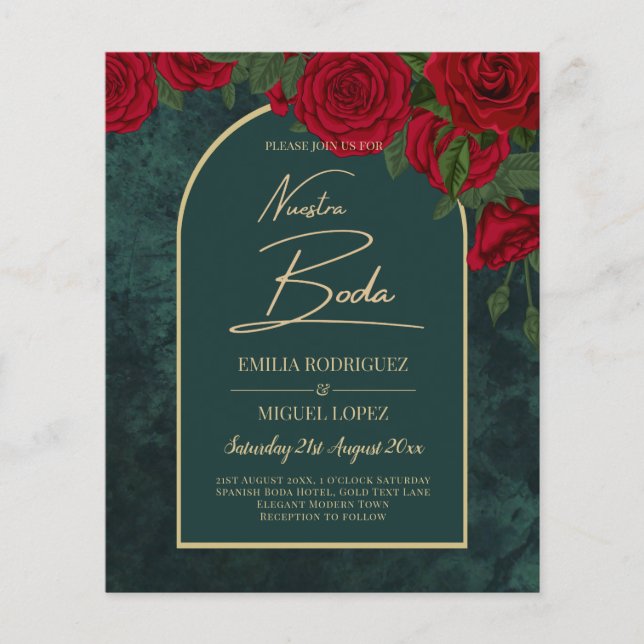 NUESTRA BODA Green Gold RED Roses Winter INVITE Flyer (Front)