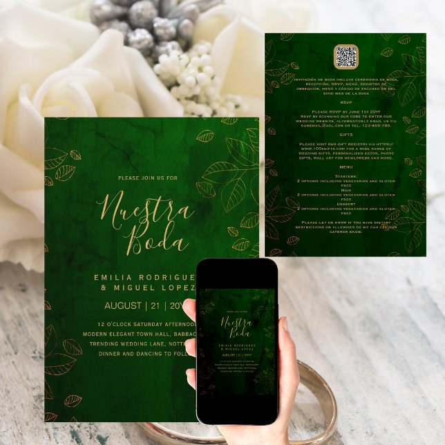 NUESTRA BODA GREEN GOLD RSVP MENU DETAILS QRCode  Invitation (Creator Uploaded)