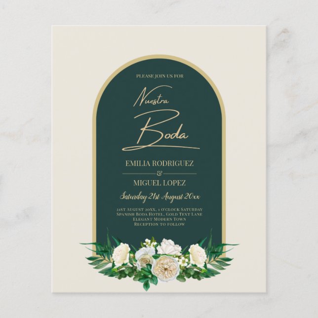 NUESTRA BODA Green Gold White Roses Winter INVITE (Front)