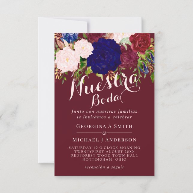 Nuestra Boda Invitacion Burgundy Blue Pink Floral Invitation (Front)