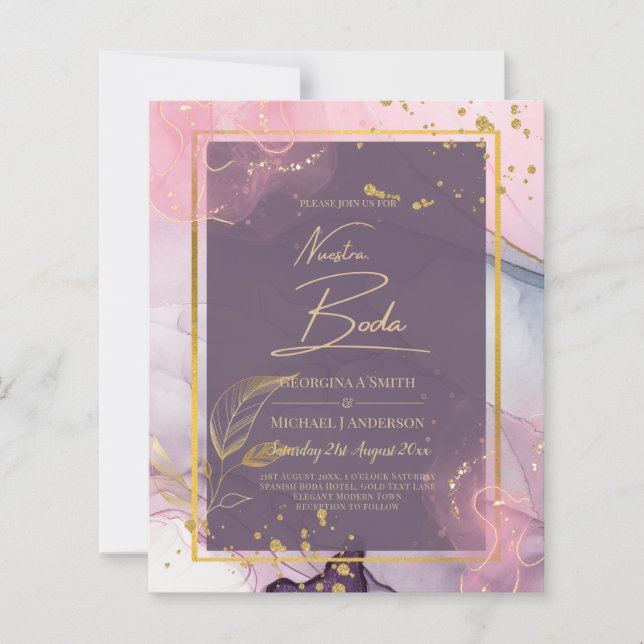 NUESTRA BODA Purple Pink Gold  Ink Wedding INVITE (Front)