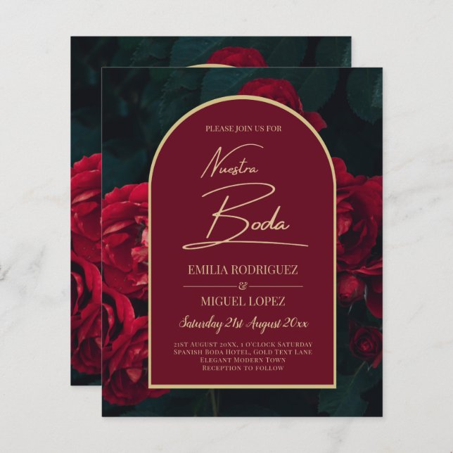 NUESTRA BODA Red Roses Forest Green Winter INVITE (Front/Back)