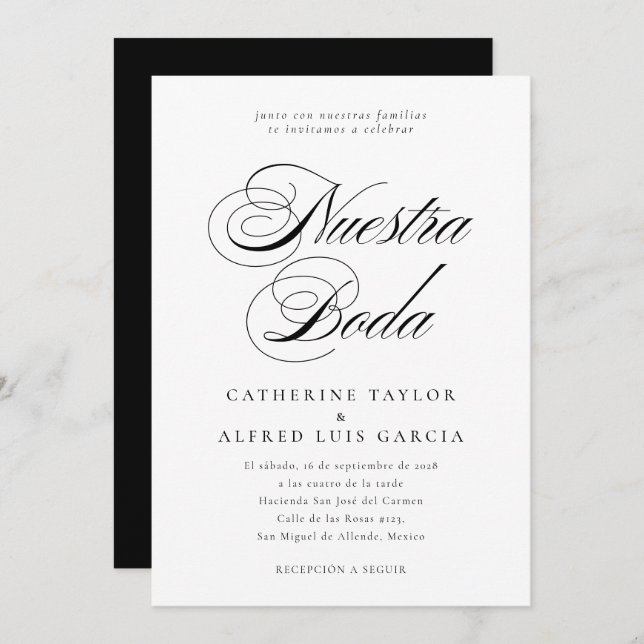 Nuestra Boda Spanish Language Black Script Wedding Invitation (Front/Back)