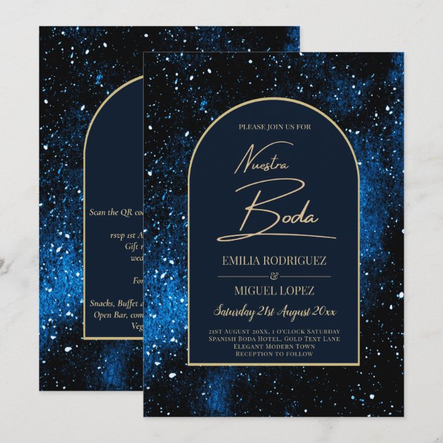 NUESTRA BODA Starry Night Navy Blue Gold INVITE (Front/Back)