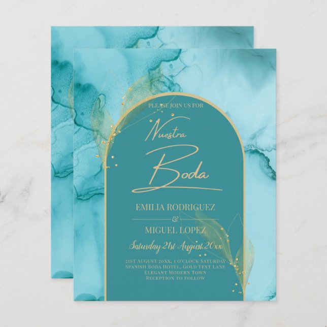 NUESTRA BODA Turquoise Teal Gold Wedding INVITE (Front/Back)