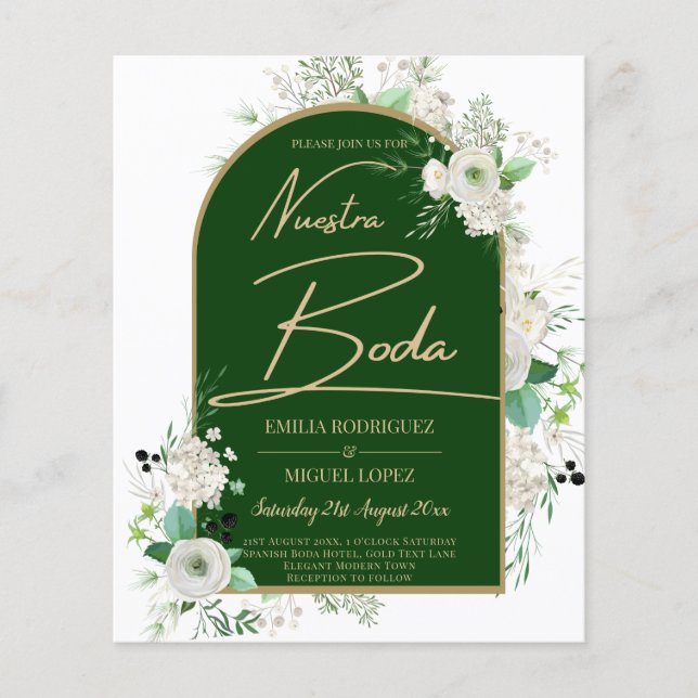 Nuestra Boda White Roses Green Wedding Qr Code Flyer (Front)