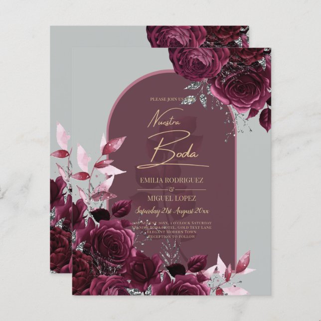 NUESTRA BODA Wine Red Roses INVITACIONS (Front/Back)