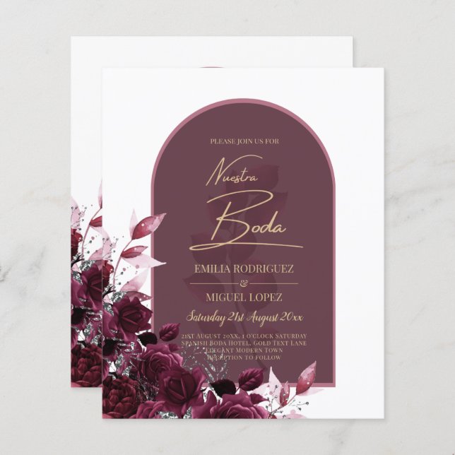 NUESTRA BODA Wine Red Roses INVITACIONS (Front/Back)
