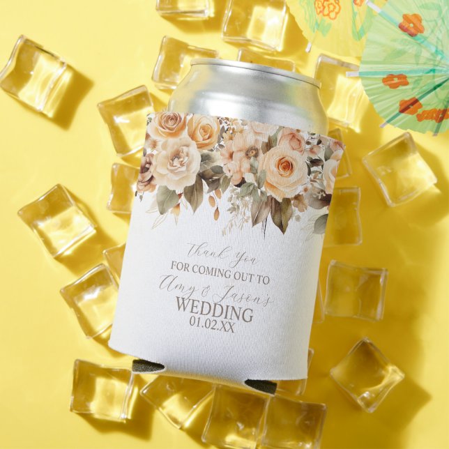 Nuetral Beige Floral Botanical Wedding Brown Can Cooler (In Situ Summer)
