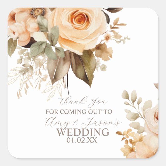 Nuetral Beige Floral Botanical Wedding Brown Square Sticker (Front)
