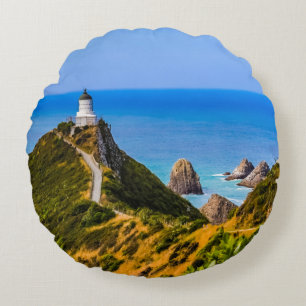 Nugget Point lighthouse, New Zealand Round Cushion