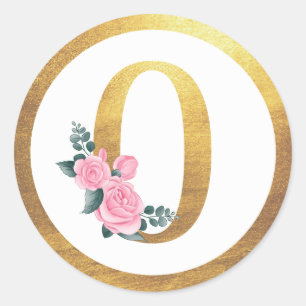 Number 0 Zero Pink Roses Floral & Elegant Gold Classic Round Sticker