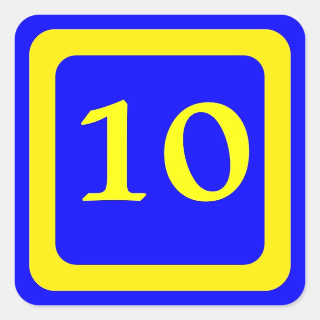 number 10, blue background, yellow frame square sticker (Front)