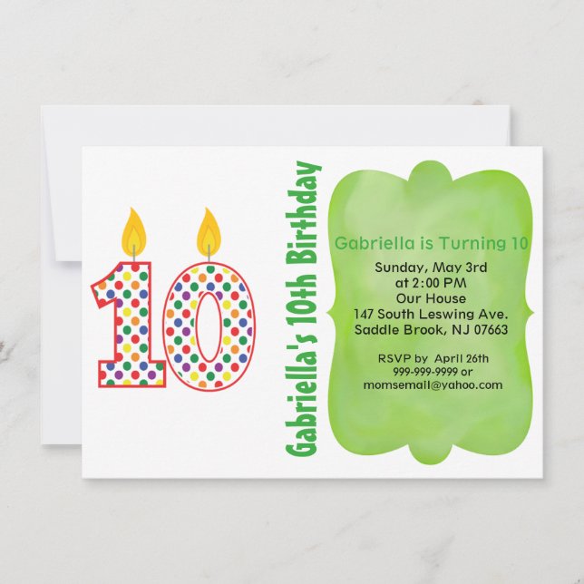 Number 10 Colourful Polka Dot Birthday Invitation (Front)