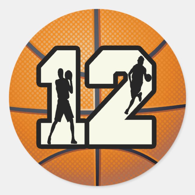 Number 12 Basketball and Players Classic Round Sticker (Front)