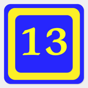 number 13, blue background, yellow frame square sticker