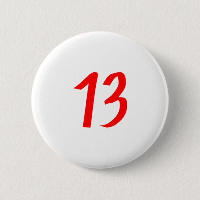 Number 13 thirteen red colour 6 cm round badge (Front)
