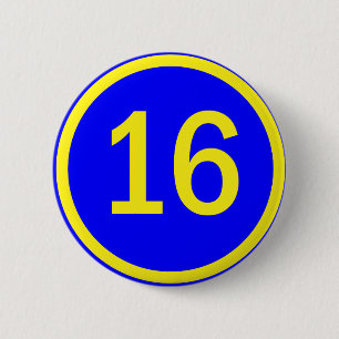 number 16 in a circle 6 cm round badge