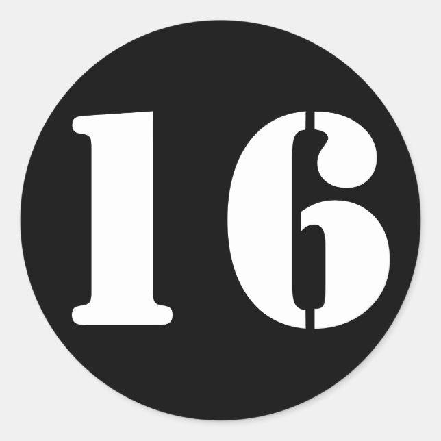 Number 16 Sixteen Black Stencil Numbers by Janz Classic Round Sticker (Front)