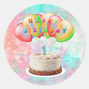 Number 1 Candle on Cake, Happy Birthday, Colorful  Classic Round Sticker