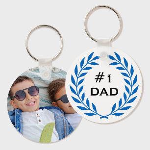 Number 1 Dad Laurel Wreath Custom Photo Blue Key Ring